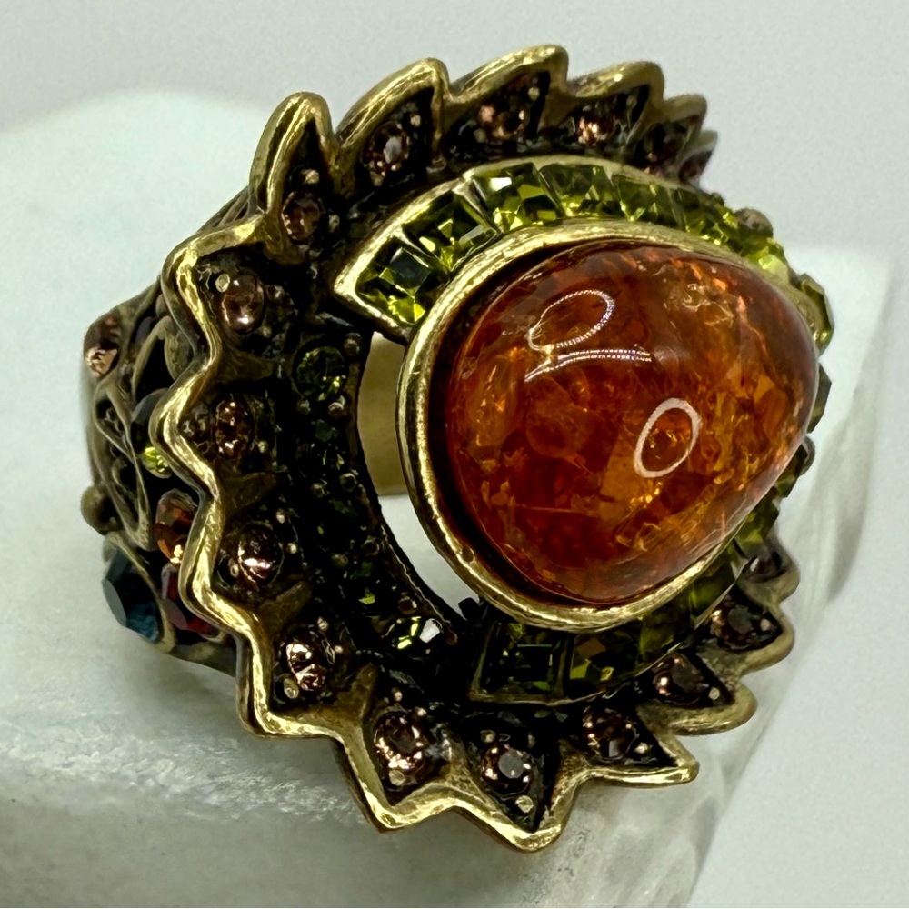 Vintage Heidi Daus Statement Ring – Amber Cabochon w Multi-Color Crystals Sz 7 - Picture 12 of 17